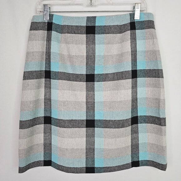 NWT TALBOTS Wool Blend Skirt GRAY BLUE BLACK PLAID size 10 p Twee Knee Length - Picture 7 of 8
